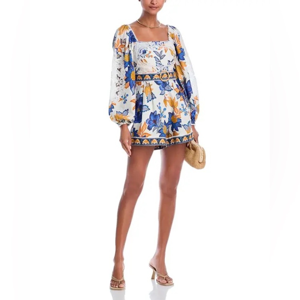 FARM Rio White Floral Square-Neck Long-Sleeve Romper with Blue & Yellow Print